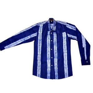 Declaj Clothing original design, hand sewn adire navy tie dye button shirt.